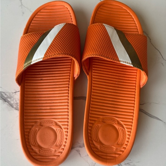 Sandalboyz Men 15 - Orange Slide Sandals with Gold and White Stripes - Picture 4 of 7